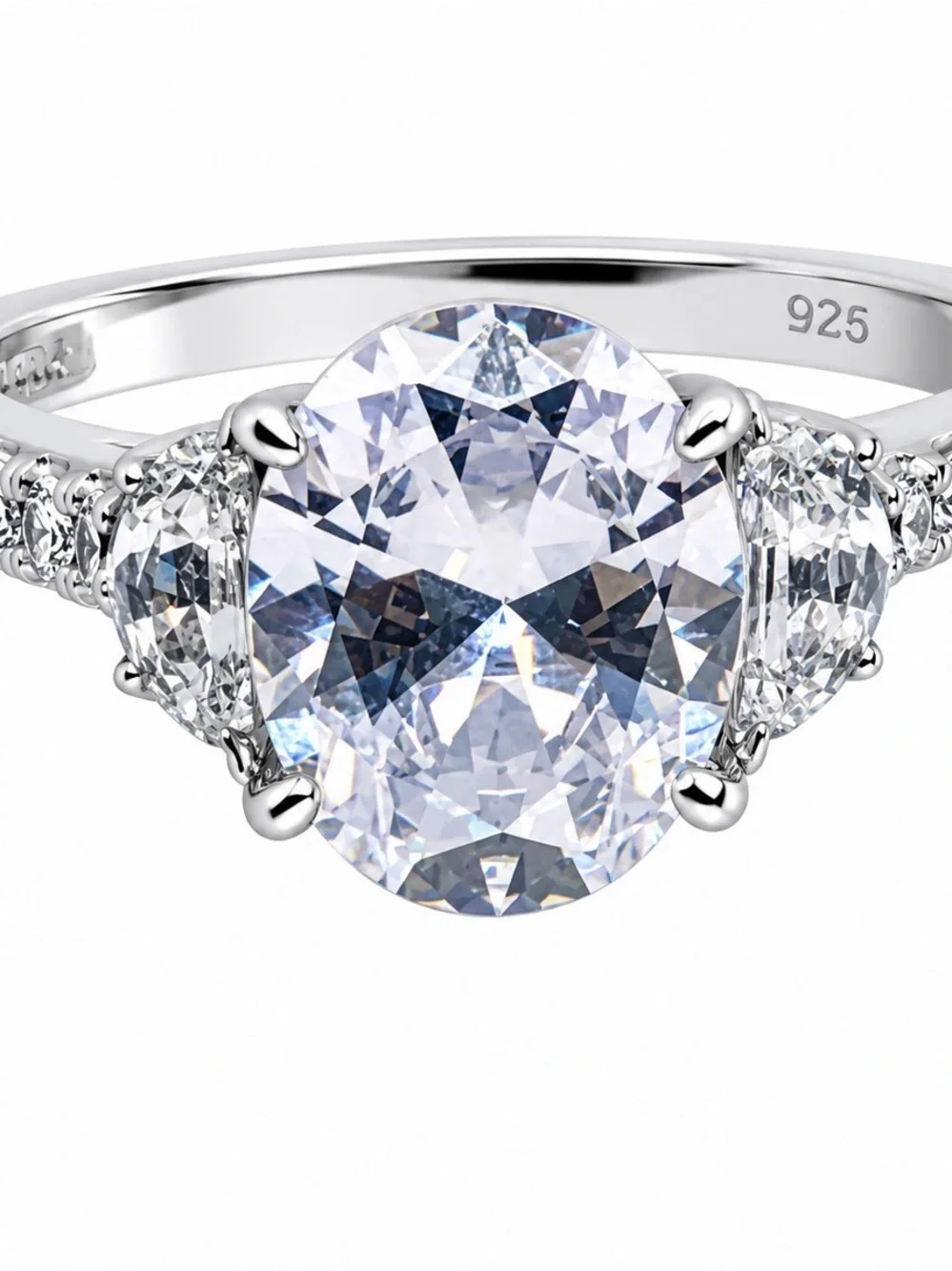Sterling Silver Oval White Cubic Zirconia Three-Stone Engagement Ring